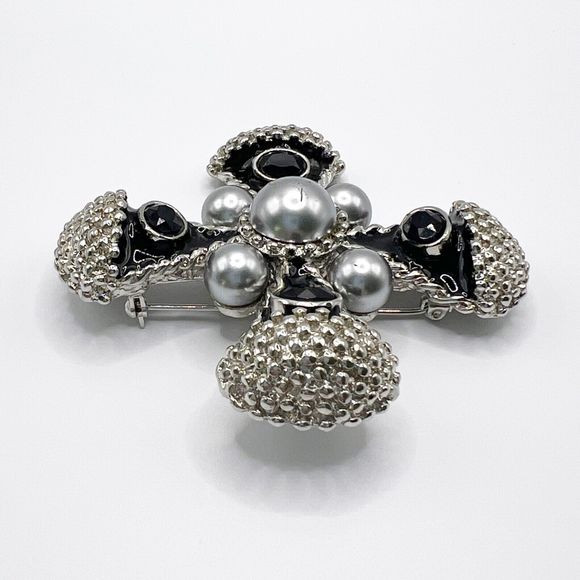 Vintage Maltese Cross Brooch Pin Faux Pearl Enamel Rhinestone 3" Statement Heavy - Picture 5 of 10